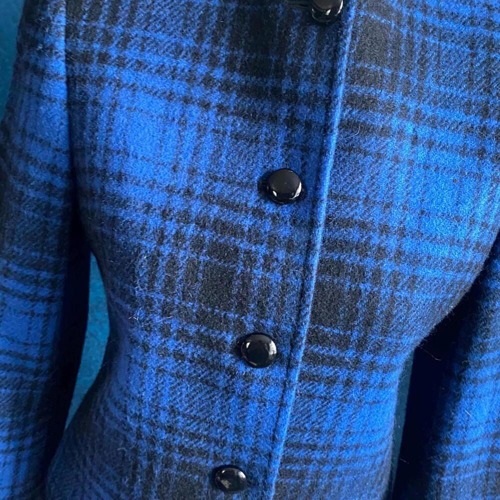 Vintage Herbert Grossman Women Blue Plaid Button Up Blazer/Jacket Black Buttons
